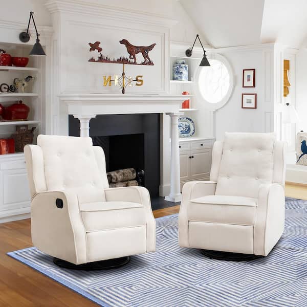 LUE BONA Ivory White Linen Upholstered 360° Swivel Glider Rocker Recliner Modern Nursery Chair (Set of 2)