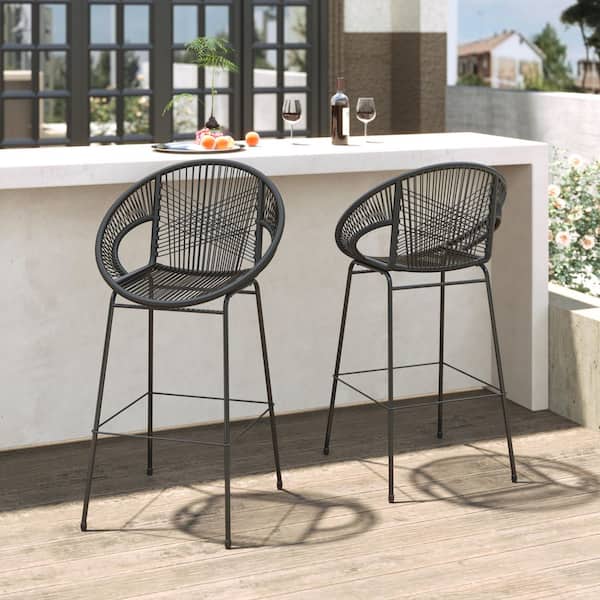 CHRISTOPHER KNIGHT HOME Dakota 28.5 in. Patio PE Rattan and Metal Outdoor Bar Stools, Black, Set of 2