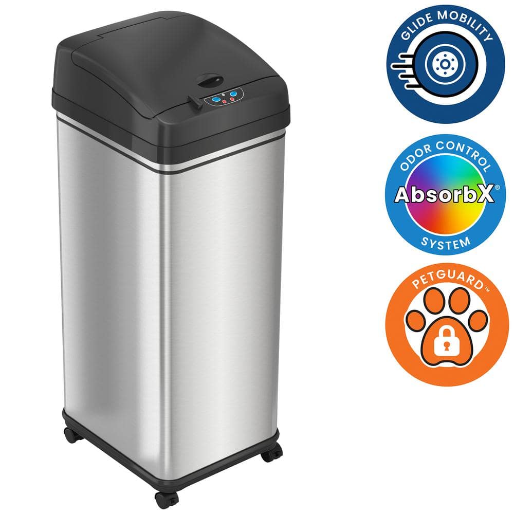 iTouchless - 13 Gallon Touchless Sensor Trash Can with Wheels and AbsorbX Odor Control System, Stainless Steel Automatic Kitchen Bin - Black/Silver