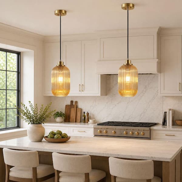 2-Pack Antique Brass Cylinder Pendant Light with Amber Ribbed Glass Shade E26 1-Light Hanging Ceiling Light for Kitchen