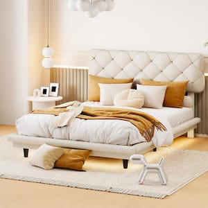 Beige Wood Frame Full Size Linen Upholstered Platform Bed with LED Light Stripe, Stylish Tufted Headboard