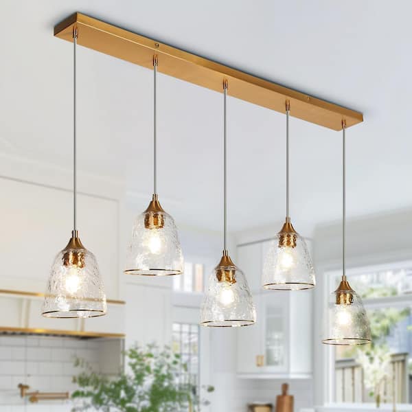 LNC Dolohovstrout 5-Light Plating Brass Island Chandelier with Textured Glass Shades and No Bulbs Included