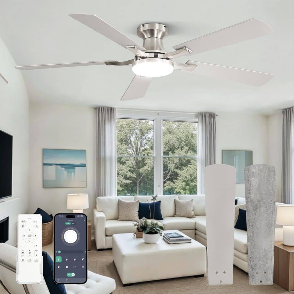 52 in. indoor Dimmable Brushed Nickel 6-Speed Flush Mount Ceiling Fan with Adjustable LED and Remote Control