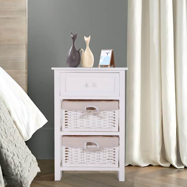 FORCLOVER White 1-Drawer 16 in. W Nightstand with 2-Removable Baskets