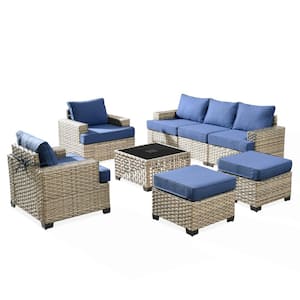 Kelley's 8-Piece Wicker Modern Outdoor Patio Conversation Sofa Seating Set with a LED Table and Sky-Blue Cushions