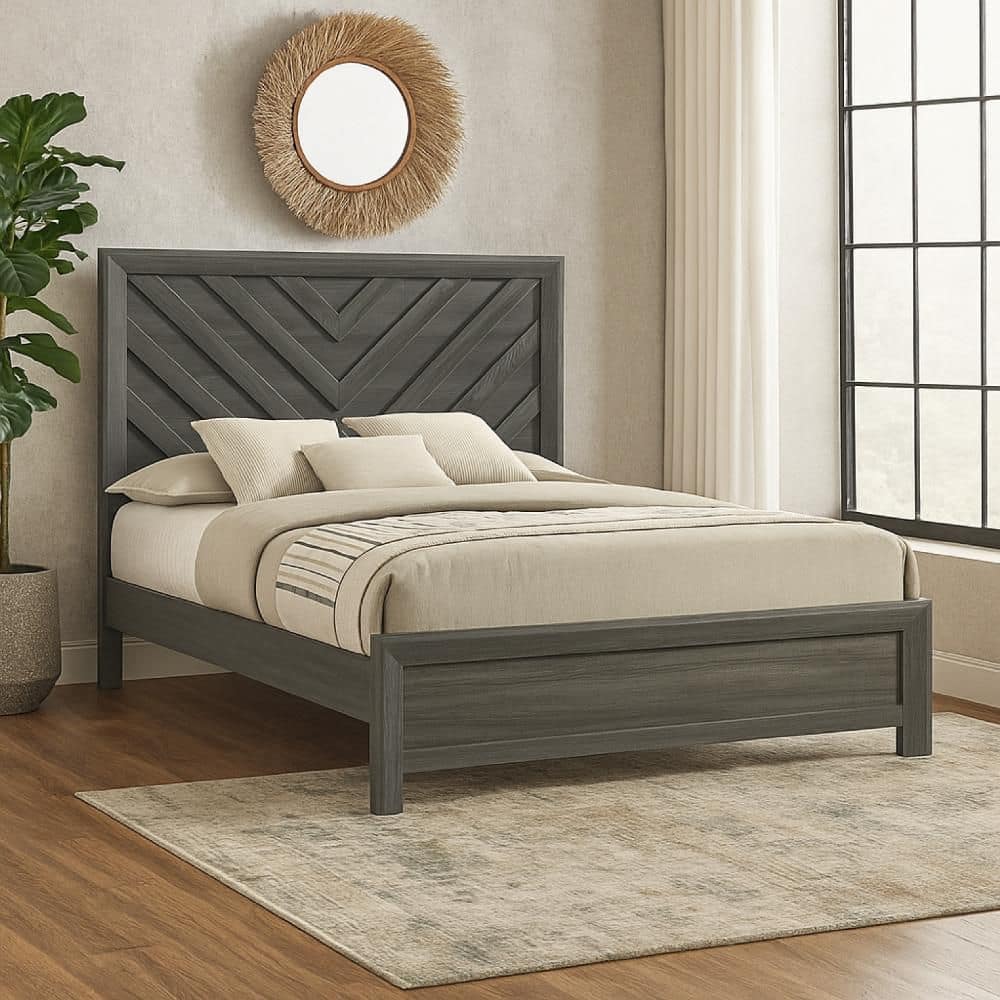 Benjara Velz Dark Gray Wood Frame King Panel Bed with Headboard