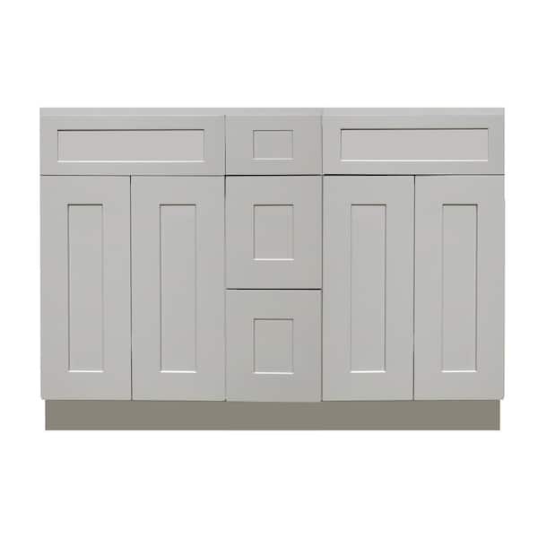 Plywell Ready to Assemble Shaker 60 in. W x 21 in. D x 34.5 in. H Vanity Cabinet with 4-Doors and 3-Drawers in Gray