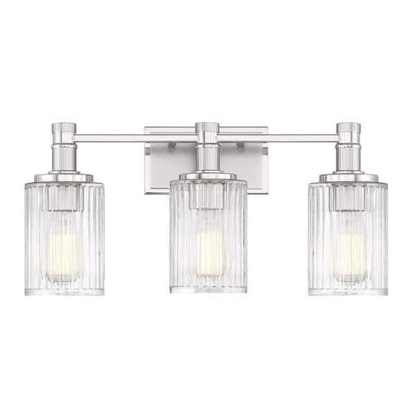 Savoy House Concord 22 in. 3-Light Silver and Polished Nickel Vanity Light with Ribbed Glass Shades