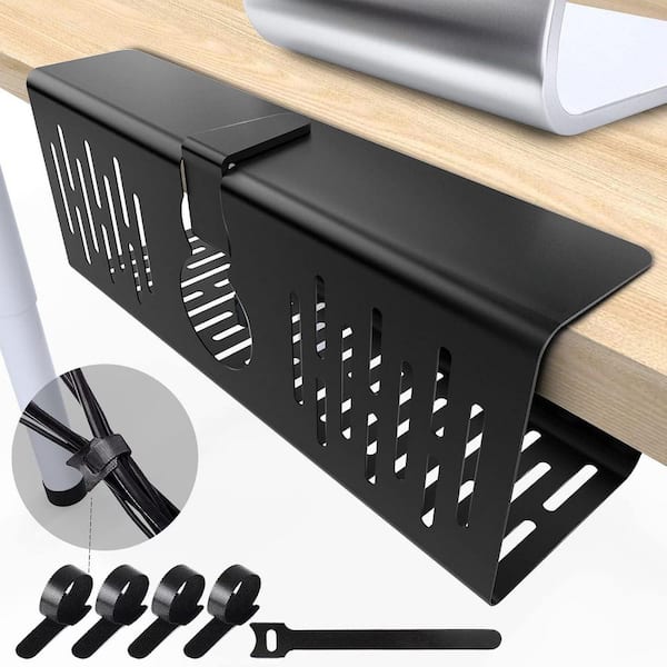 No Drill Under Desk Cable Management Tray 14 in. Wire Organizer Punch-Free Clamp Metal Tray Black
