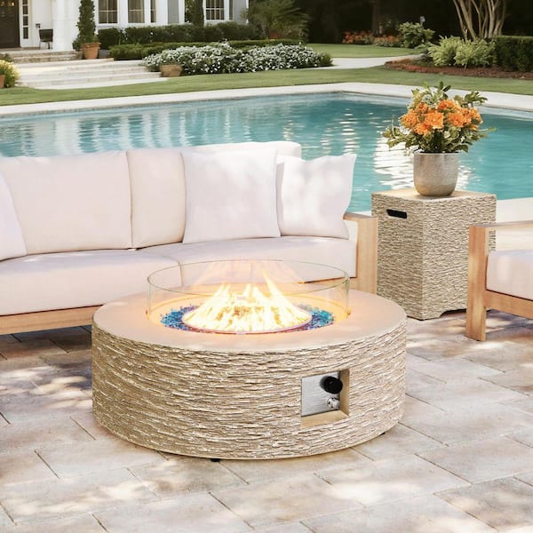 42-Inch Round Magnesium Oxide Gas Fire Pit Table, Includes Tank Cover and Wind Guard, Beige