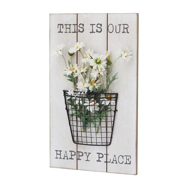 PARISLOFT This Is Our Happy Place Wood Wall Plaque with Artificial Chrysanthemum Decorative Sign