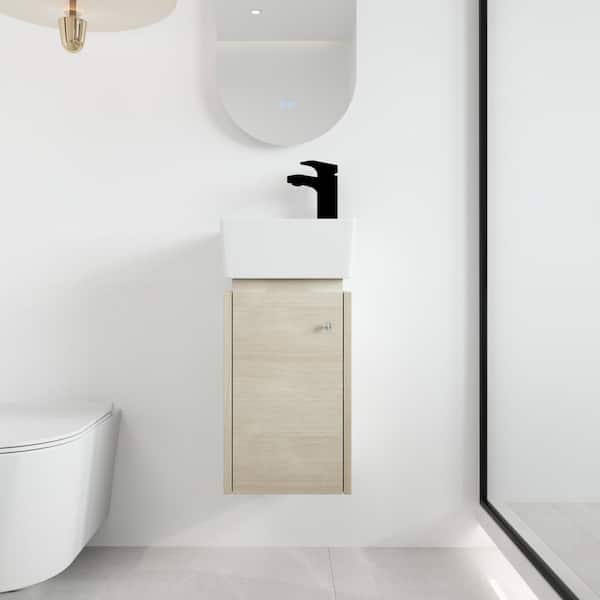ARTCHIRLY 12 in. W x 12 in. D x 24.1 in. H Light Brown Wall Mounted Corner Single Bathroom Vanity With Ceramic Vanity Top