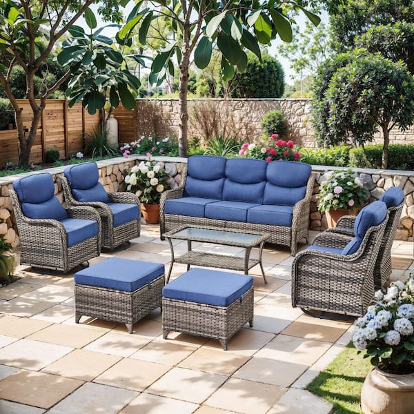 Moon Luxe Gray Swivel Glider Wicker Patio Conversation Set with Blue Olefin 6 in. Thick Cushions (8-Piece)