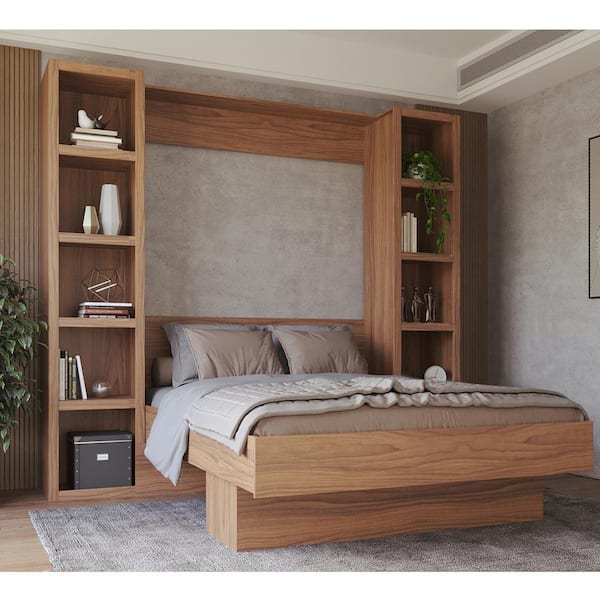 Easy-Lift Brown Wood Frame Queen Murphy Bed with Bookshelf
