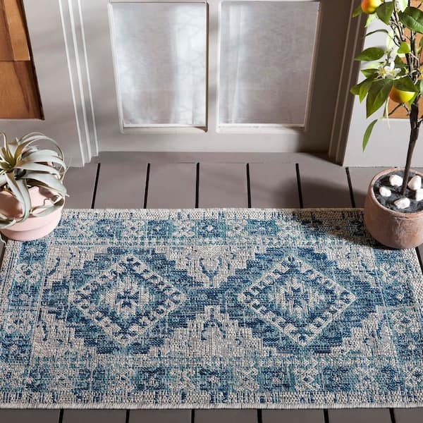 Courtyard Light Gray/Blue 2 ft. x 4 ft. Border Aztec Medallion Indoor/Outdoor Area Rug