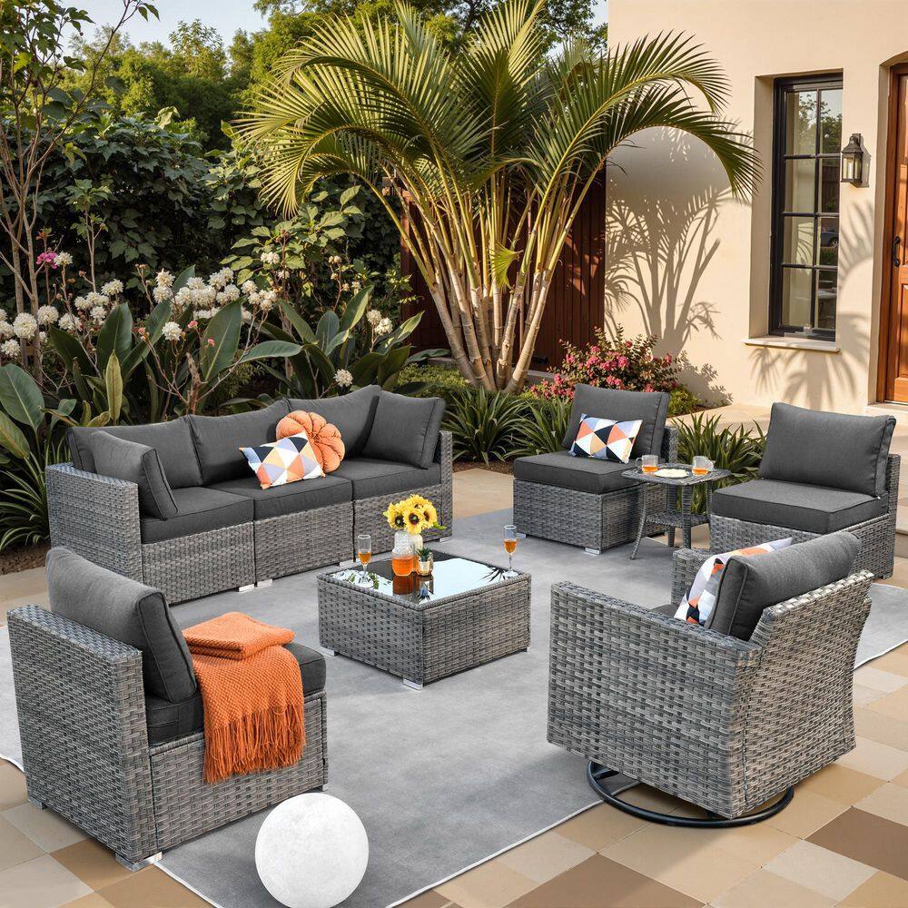 Sanibel Gray 9-Piece Wicker Outdoor Patio Conversation Sofa Sectional Set with a Swivel Rocking Chair and Black Cushions price history on PriceWatchPro