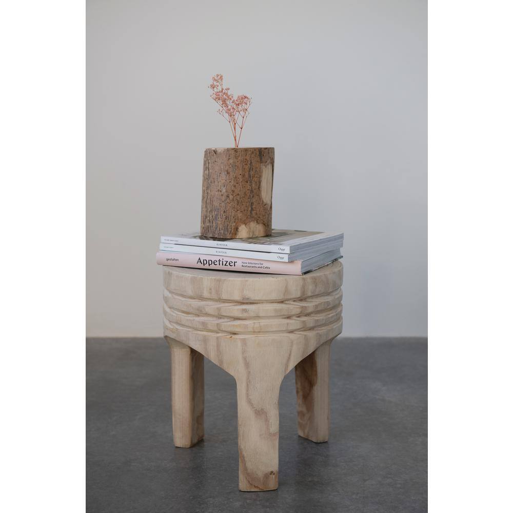 Natural Brown Paulownia Wood Carved Backless Stool