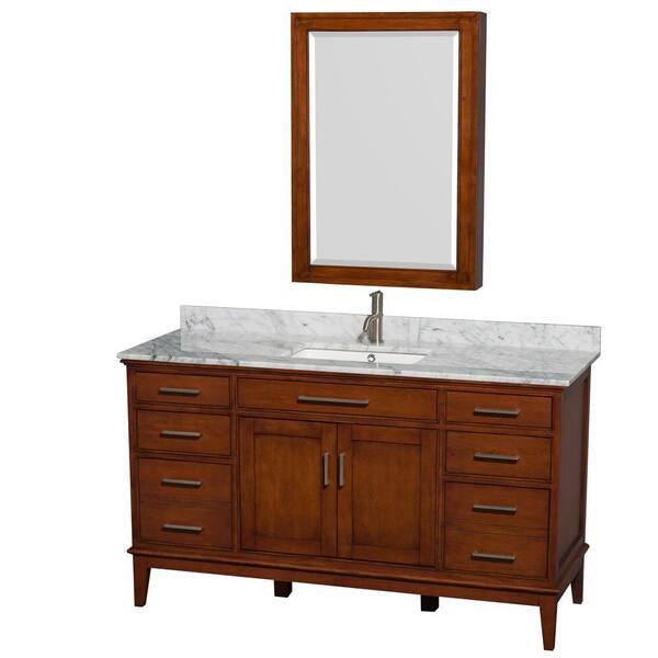 Wyndham Collection Hatton 60 in. Vanity in Light Chestnut with Marble Vanity Top in Carrara White, Square Sink and Medicine Cabinet