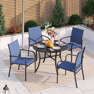 Black 5-Piece Metal Slat Round Table Patio Outdoor Dining Set with Blue Textilene Chairs