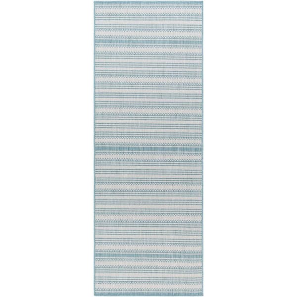 Livabliss Long beach Blue/Cream 3 ft. x 7 ft. Runner Stripe Polypropylene Indoor/Outdoor Area Rug