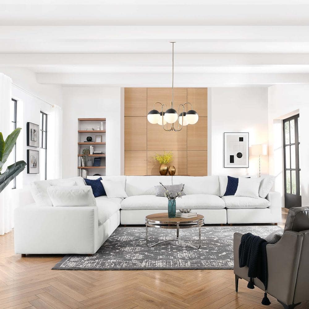 Pure White Luxe Linen 6-Piece Oversized Sectional Sofa with Down Fill