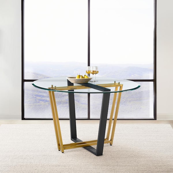 Armen Living Devi Gold and Black Glass Top 48 in. Trestle Base Dining Table Seats 4
