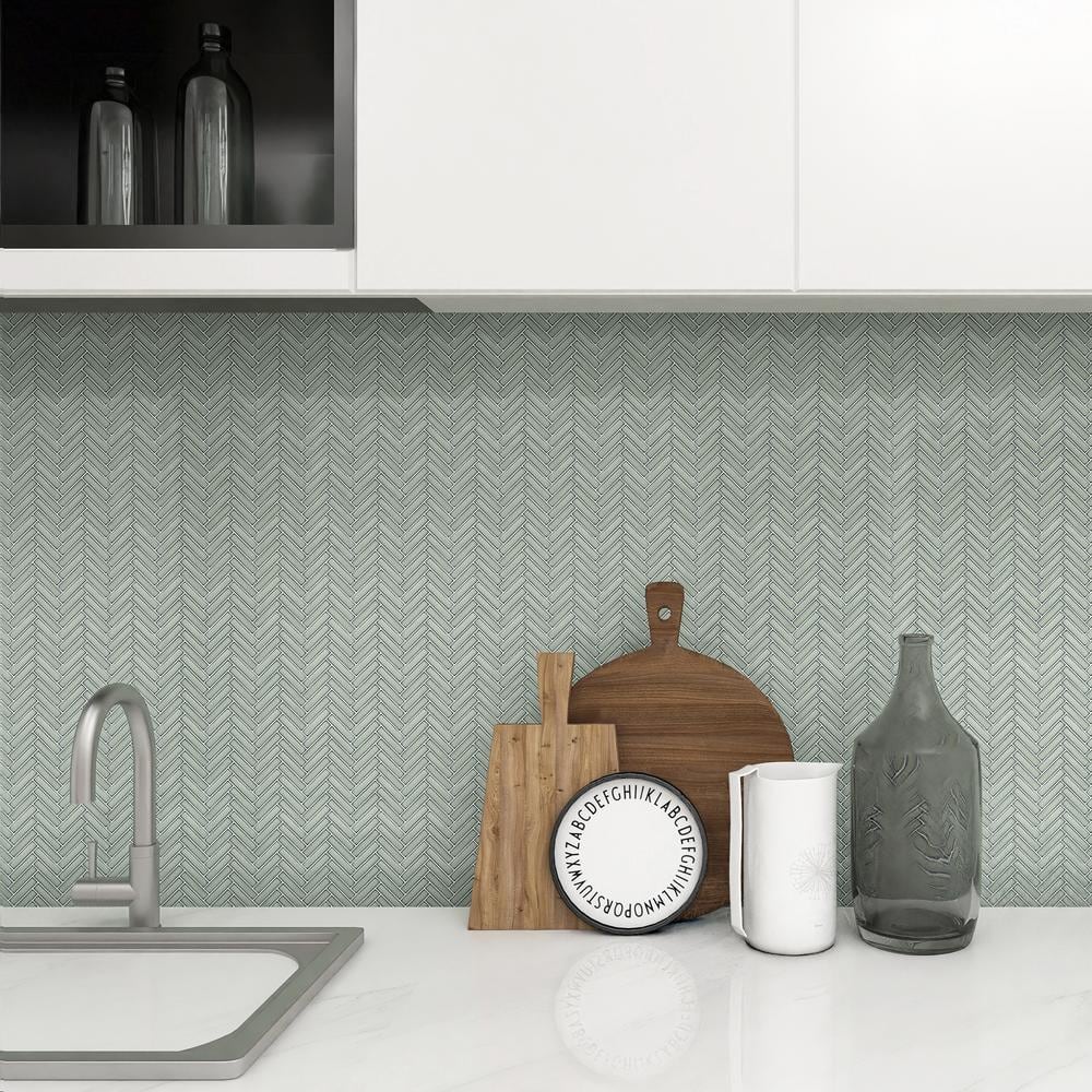 Mint Green Glossy Porcelain Herringbone Mosaic Tile 11.14 in. x 11.14 in.