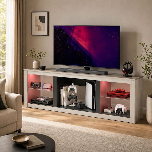 70 in. Wash White TV Stand Fits TV's up to 75 in. with Tempered Glass Shelves LED Lights and Large Open Storage