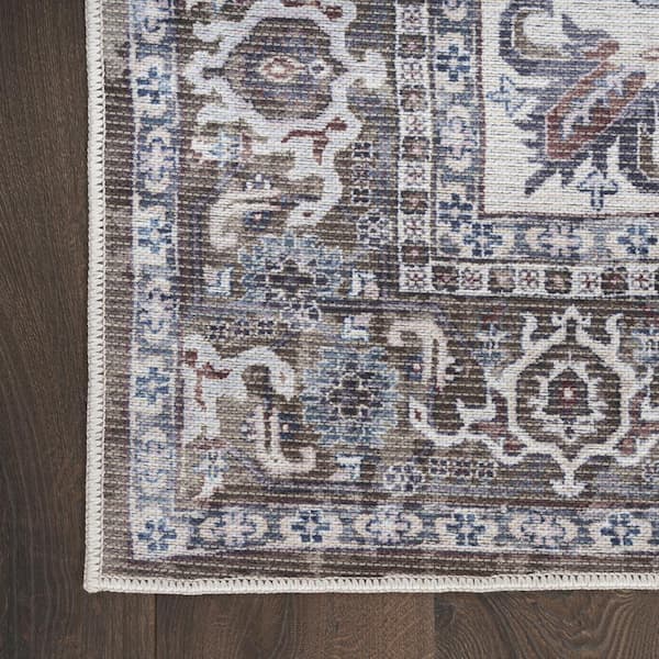 HomeRoots 10 ft. Green and Ivory Floral Power Loom Distressed Washable Runner Rug