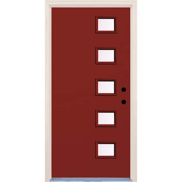 Builders Choice 36 in. x 80 in. Left-Hand Cordovan 5 Lite Clear Glass Painted Fiberglass Prehung Front Door with Brickmould