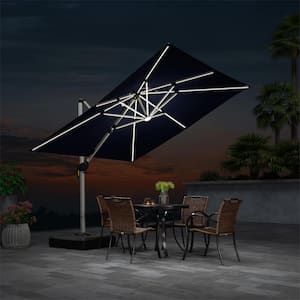 9 ft. Square Aluminum Solar Powered LED Patio Cantilever Offset Umbrella with Base, Navy Blue