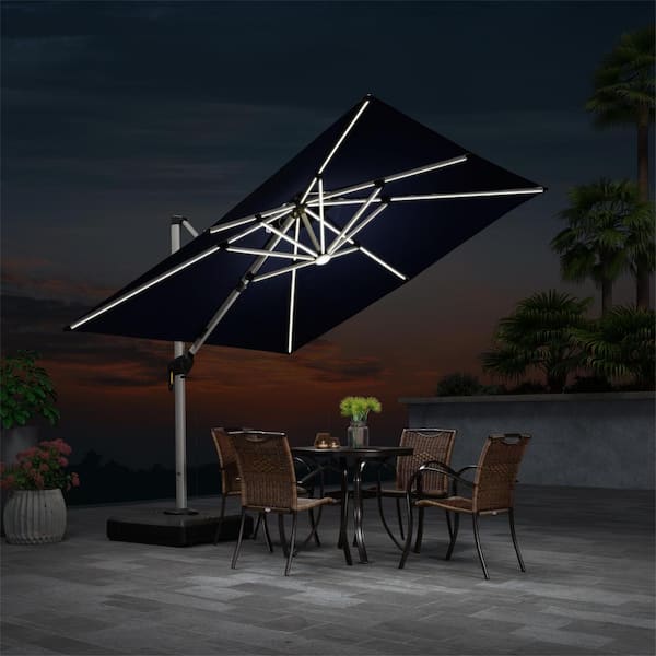 PURPLE LEAF 9 ft. Square Aluminum Solar Powered LED Patio Cantilever Offset Umbrella with Base, Navy Blue