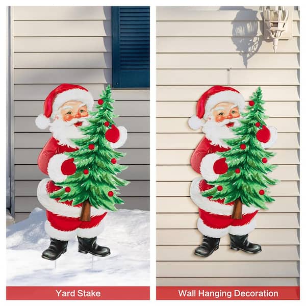 Glitzhome 36 in. H Christmas Metal Santa with Tree Yard Stake