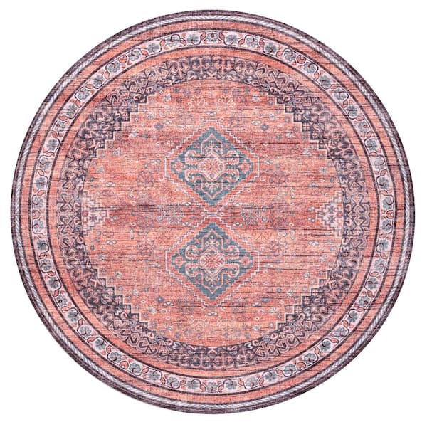 Dalyan Geometric Terracotta/Navy 6 ft. Medallions Machine-Washable Round Area Rug
