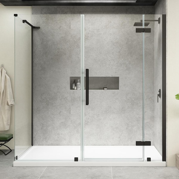 OVE Decors Tampa 72 in. L x 32 in. W x 75 in. H Corner Shower Kit with Pivot Frameless Shower Door in Black and Shower Pan