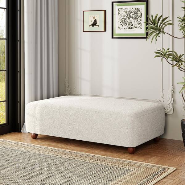 United Modern White Boucle Fabric Upholstery Rectangular Ottoman Bench
