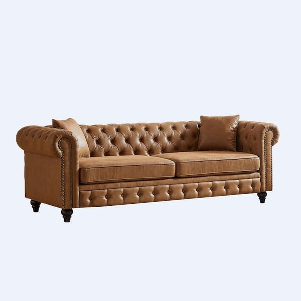85.5 in Wide Rolled Arm Faux Leather Rectangle Modern Upholstered Sofa in Brown