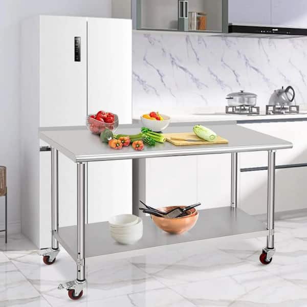 60L x 24W x 35H in. Stainless Steel Work Table Wheel and Backsplash,Heavy Duty Kitchen Prep Table,Cart Worktable, Silver