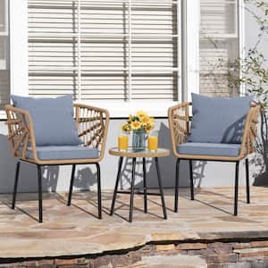 3-Piece Yellow Wicker Outdoor Bistro Set with Glass Top Coffee Table and Grey Cushions