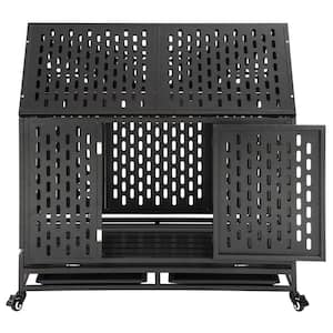 29.4 in. D x 44.2 in. W x 44.8 in. H Heavy-Duty Black Metal Large Dog Crate Cage with 4 Wheels