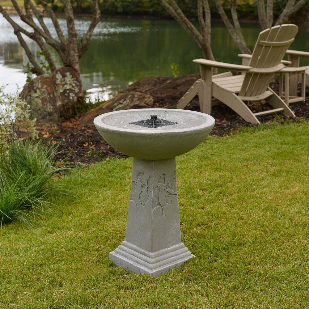 Ginkgo 27" Gray Concrete Solar Birdbath with Remote