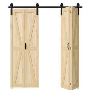 60 in. x 84 in. (30 in. W x 2) Pine Wood Color, Primed, MDF, K Shaped, Bi-Fold Style Sliding Barn Door with Hardware Kit