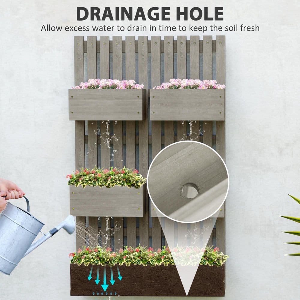 Gray Fir Wood Wall-Mounted Trellis Planter with Raised Garden Beds