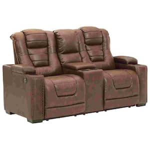 Brown Leather Manual Recliner Sofa with Center Drop Down Cup Holder