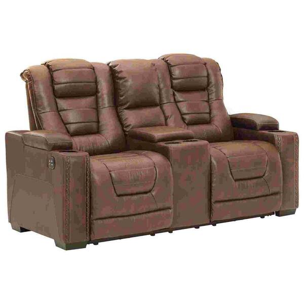 Benjara Brown Leather Manual Recliner Sofa with Center Drop Down Cup