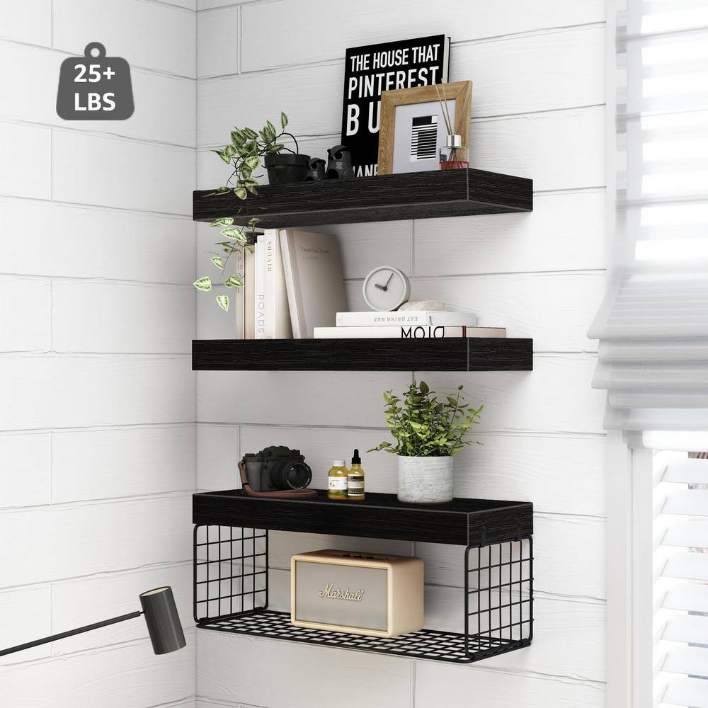 Bathroom Shelves Over Toilet Wall Mounted Floating Shelves Farmhouse Shelf Toilet Paper Storage Small 16 inch Set of 3,Black