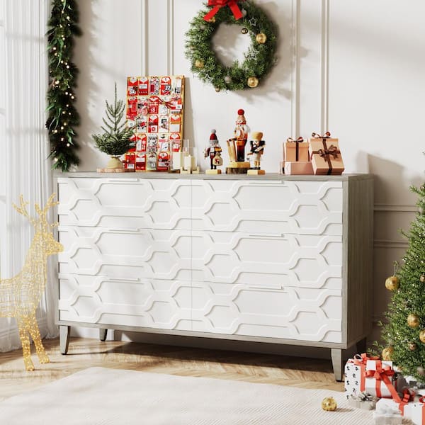 TRIBESIGNS WAY TO ORIGIN Ellie White and Grey 6 Drawer 55 in. Wide Dresser for Bedroom