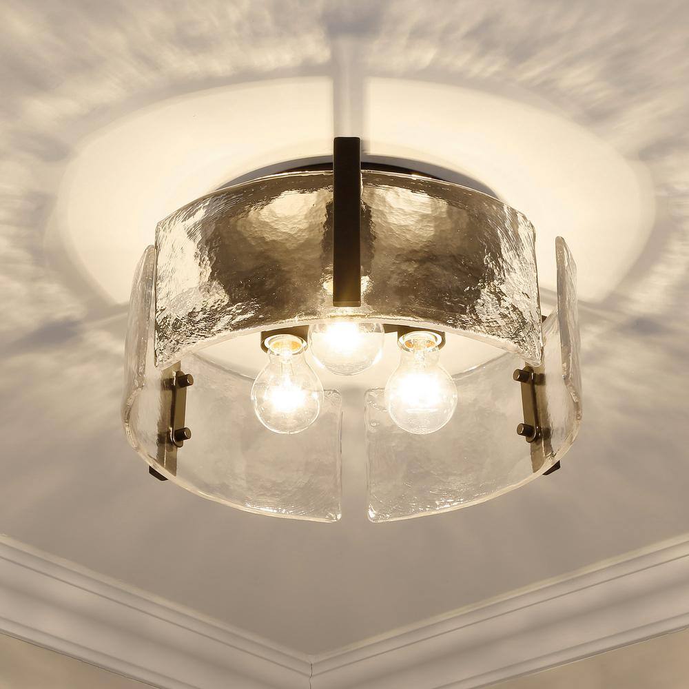 Aenon Matte Black 3-Light Flush Mount with Hammered Water Glass