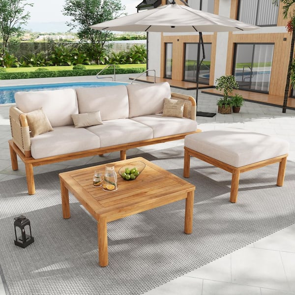 Axel Outdoor 3-Piece Solid Wood and Rope Woven Patio Conversation Set with Beige Cushions, Ottoman, Teak