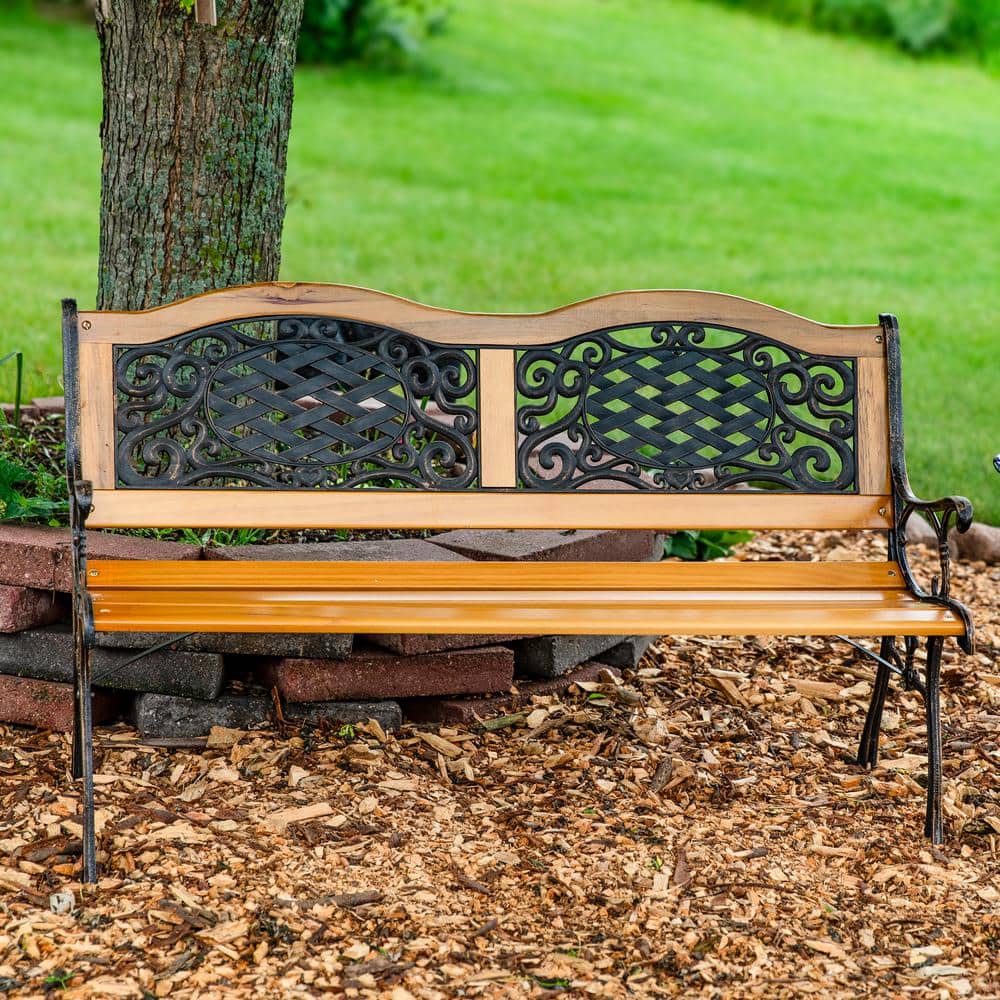 Sunnydaze 49" Black Cast Iron and Wood Outdoor Bench